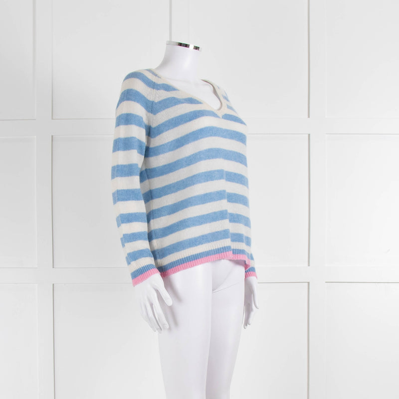 Jumper 1234 Pale Blue Cream Stripe Pink Trim Cashmere Sweater