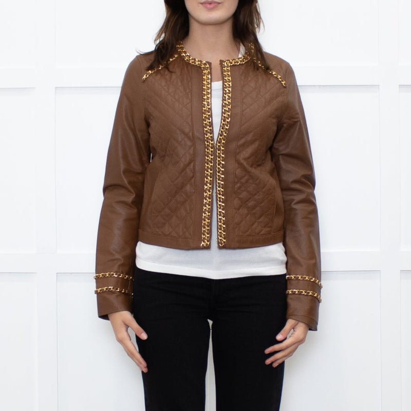 Michael By Michael Kors Tan Gold Chain Trim Leather Jacket
