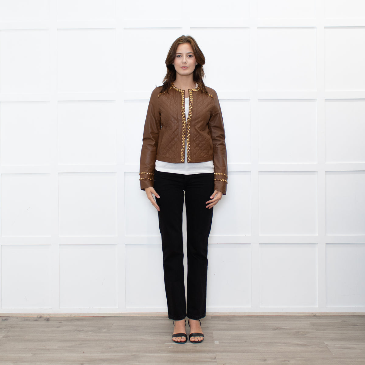 Michael By Michael Kors Tan Gold Chain Trim Leather Jacket