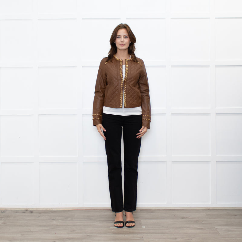 Michael By Michael Kors Tan Gold Chain Trim Leather Jacket