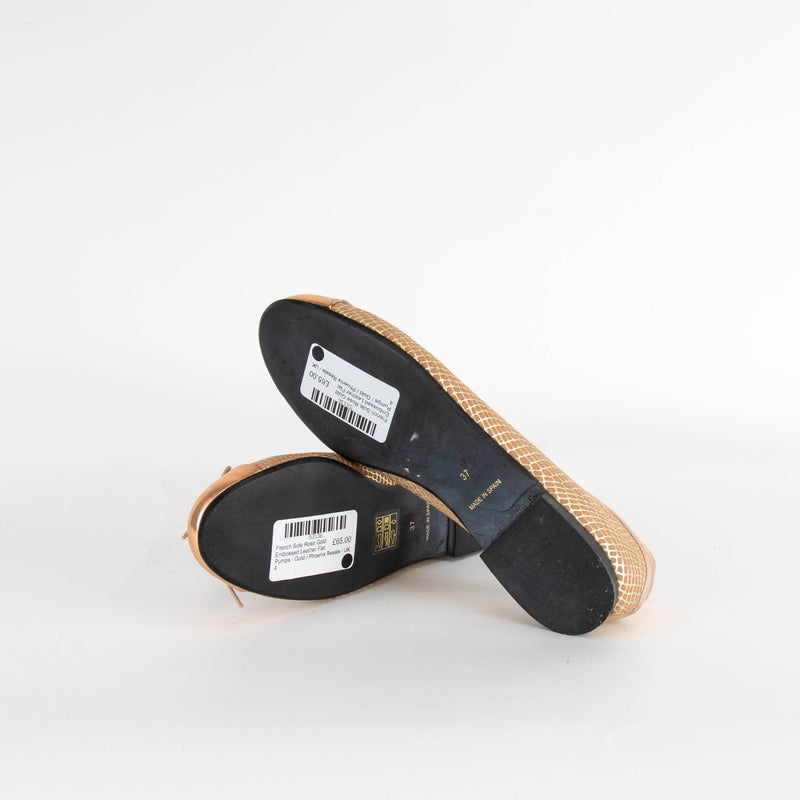 French Sole Rose Gold Embossed Leather Flat Pumps