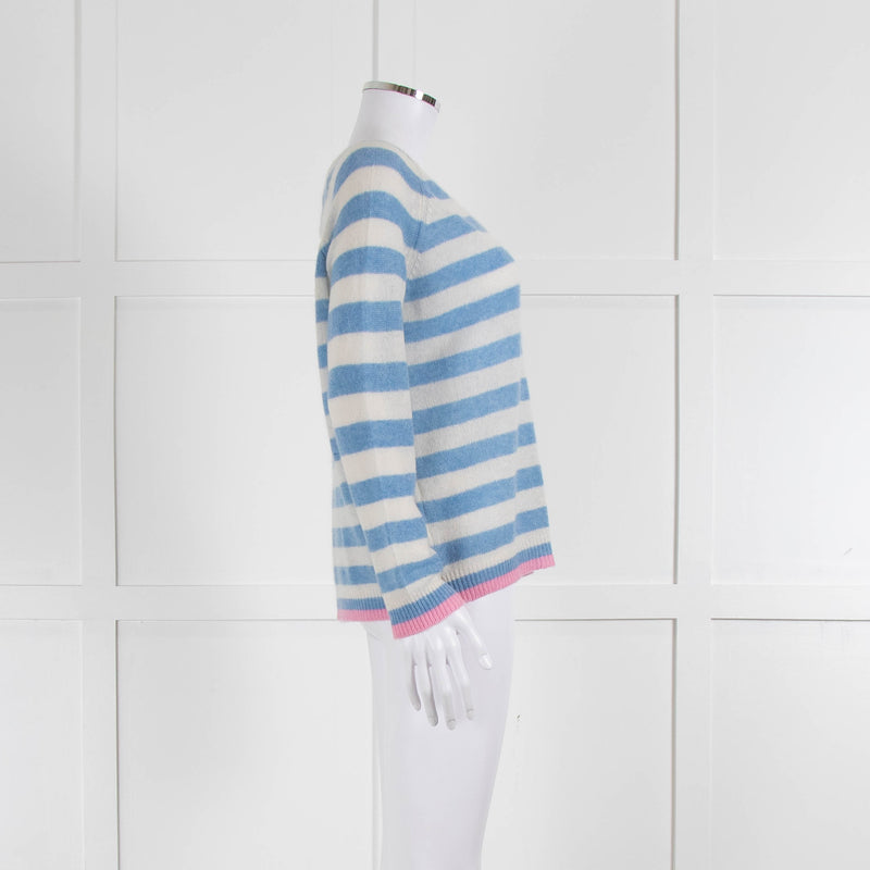 Jumper 1234 Pale Blue Cream Stripe Pink Trim Cashmere Sweater