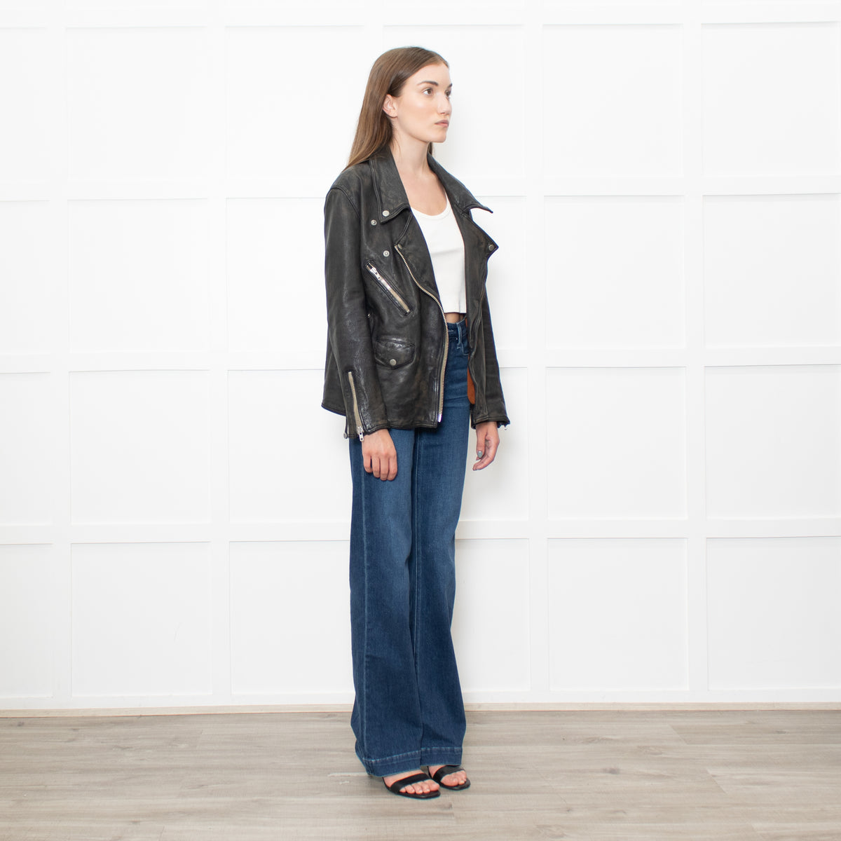 Free People Black Aged Leather Biker Jacket