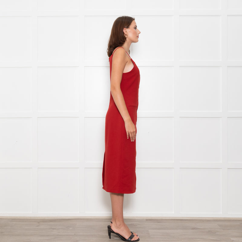 Staud Brick Red Button Front Strappy Shift Dress