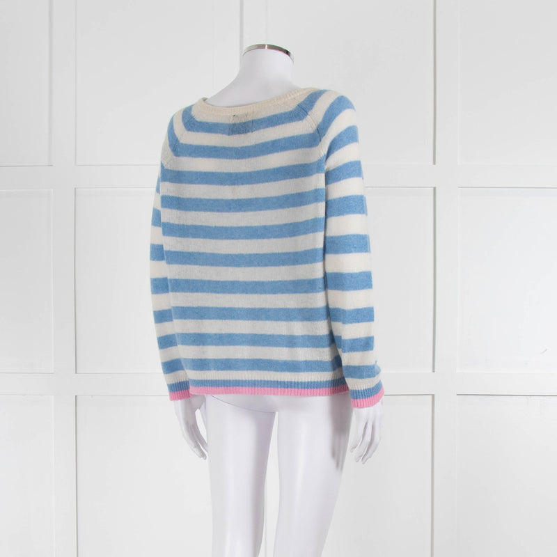 Jumper 1234 Pale Blue Cream Stripe Pink Trim Cashmere Sweater