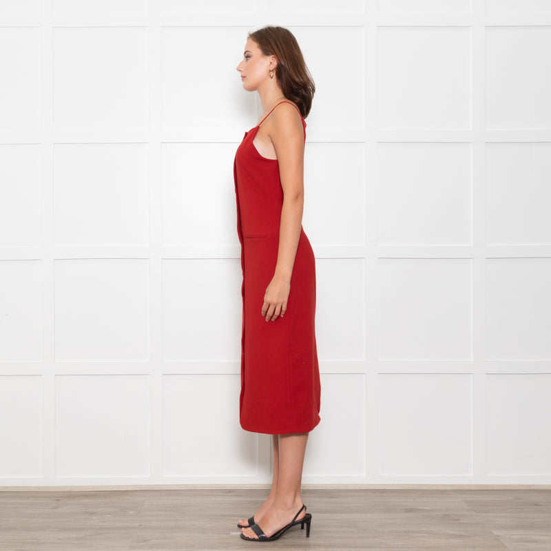 Staud Brick Red Button Front Strappy Shift Dress
