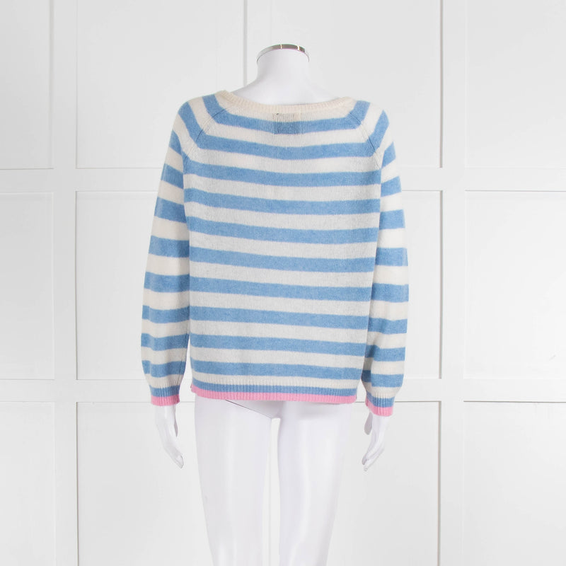 Jumper 1234 Pale Blue Cream Stripe Pink Trim Cashmere Sweater