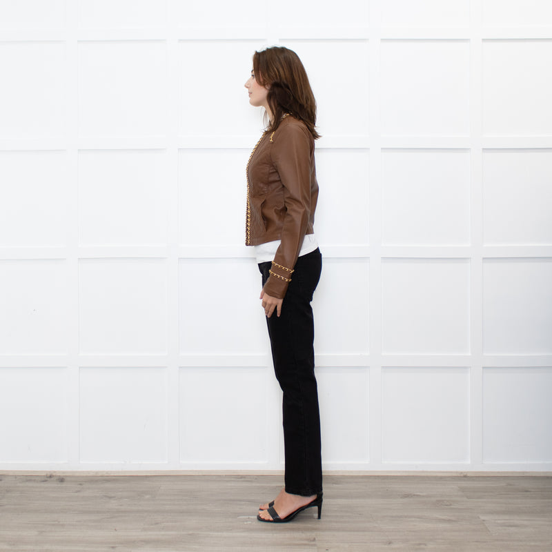 Michael By Michael Kors Tan Gold Chain Trim Leather Jacket