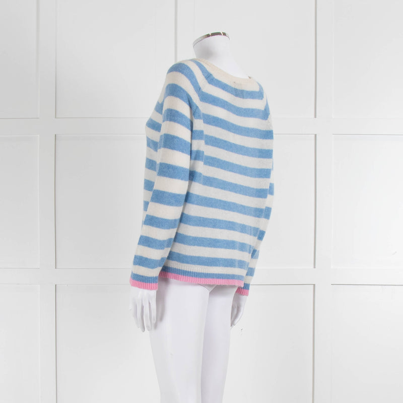 Jumper 1234 Pale Blue Cream Stripe Pink Trim Cashmere Sweater
