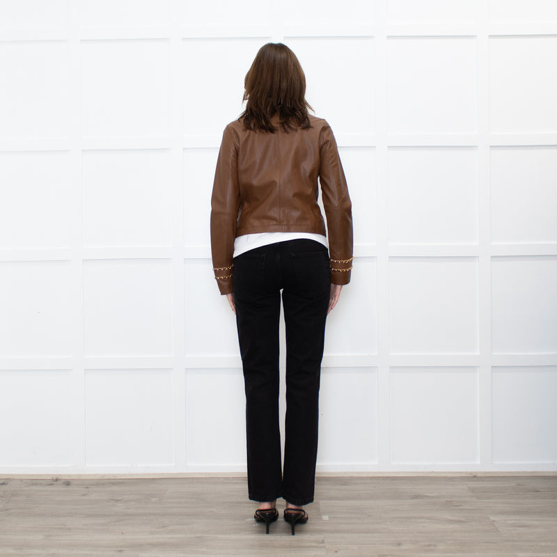 Michael By Michael Kors Tan Gold Chain Trim Leather Jacket
