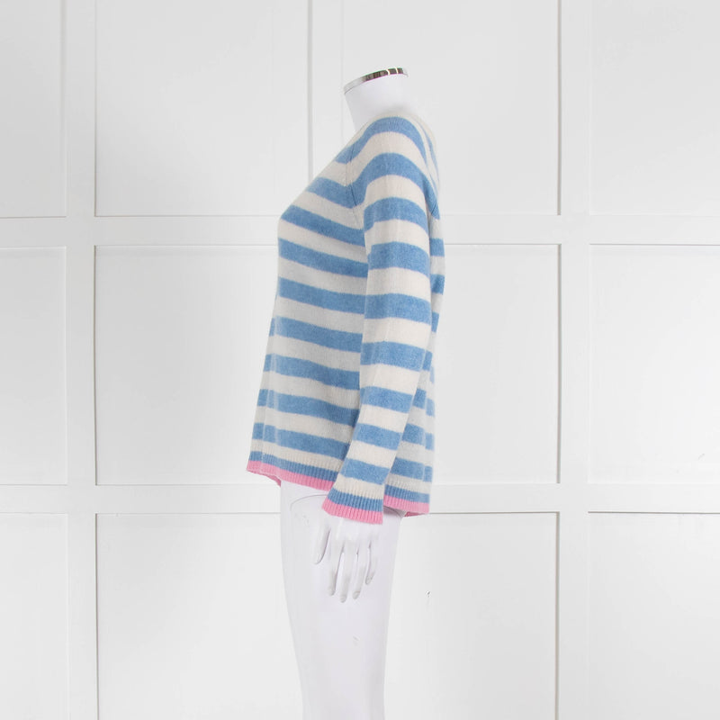 Jumper 1234 Pale Blue Cream Stripe Pink Trim Cashmere Sweater