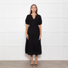 Wyse Black Cotton Embroidered Tiered Midi Dress With Slip