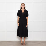 Wyse Black Cotton Embroidered Tiered Midi Dress With Slip