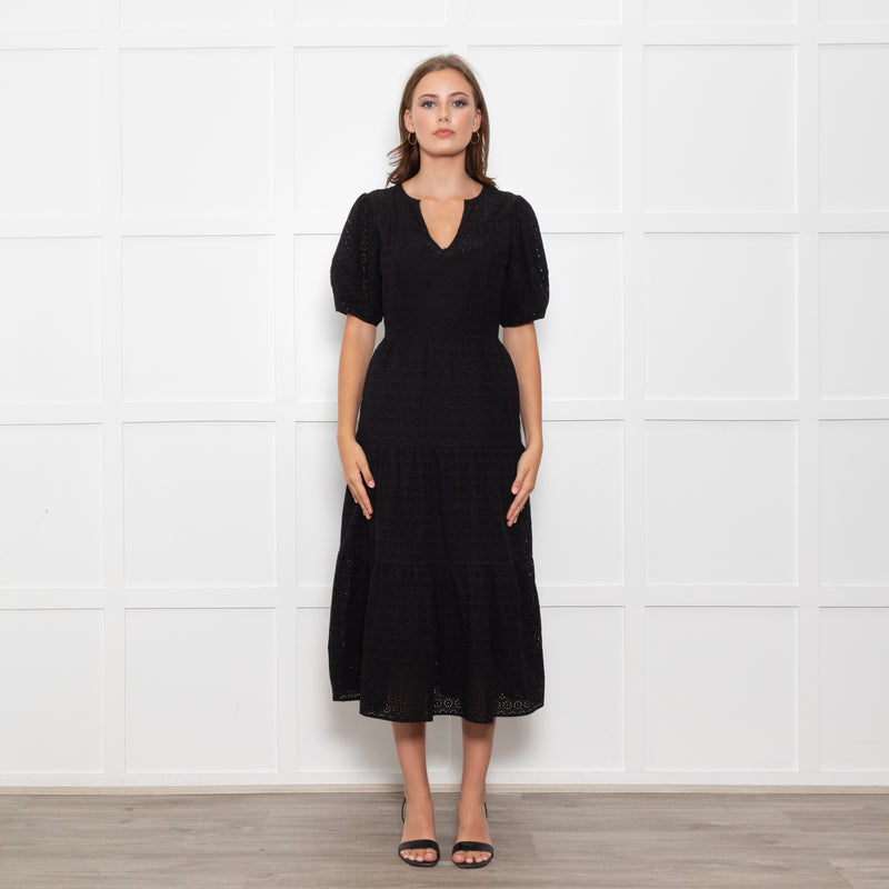 Wyse Black Cotton Embroidered Tiered Midi Dress With Slip