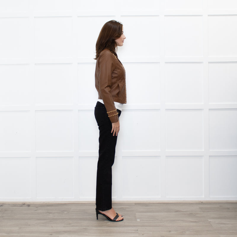 Michael By Michael Kors Tan Gold Chain Trim Leather Jacket