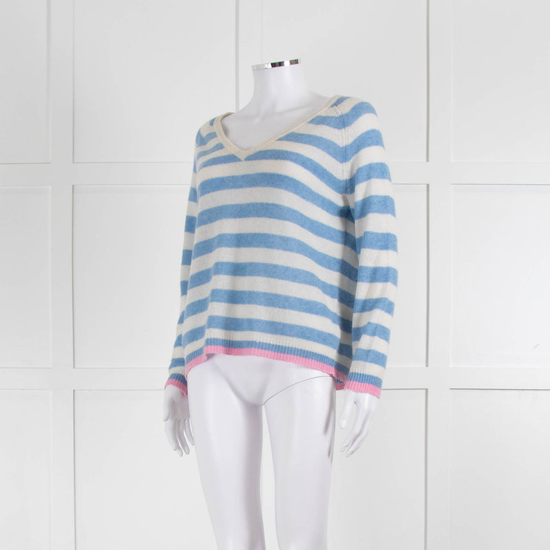 Jumper 1234 Pale Blue Cream Stripe Pink Trim Cashmere Sweater