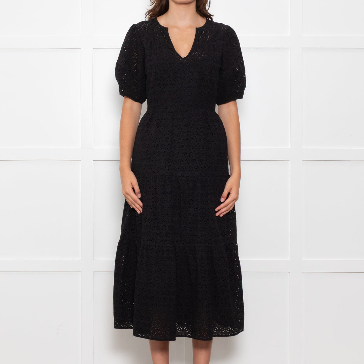 Wyse Black Cotton Embroidered Tiered Midi Dress With Slip