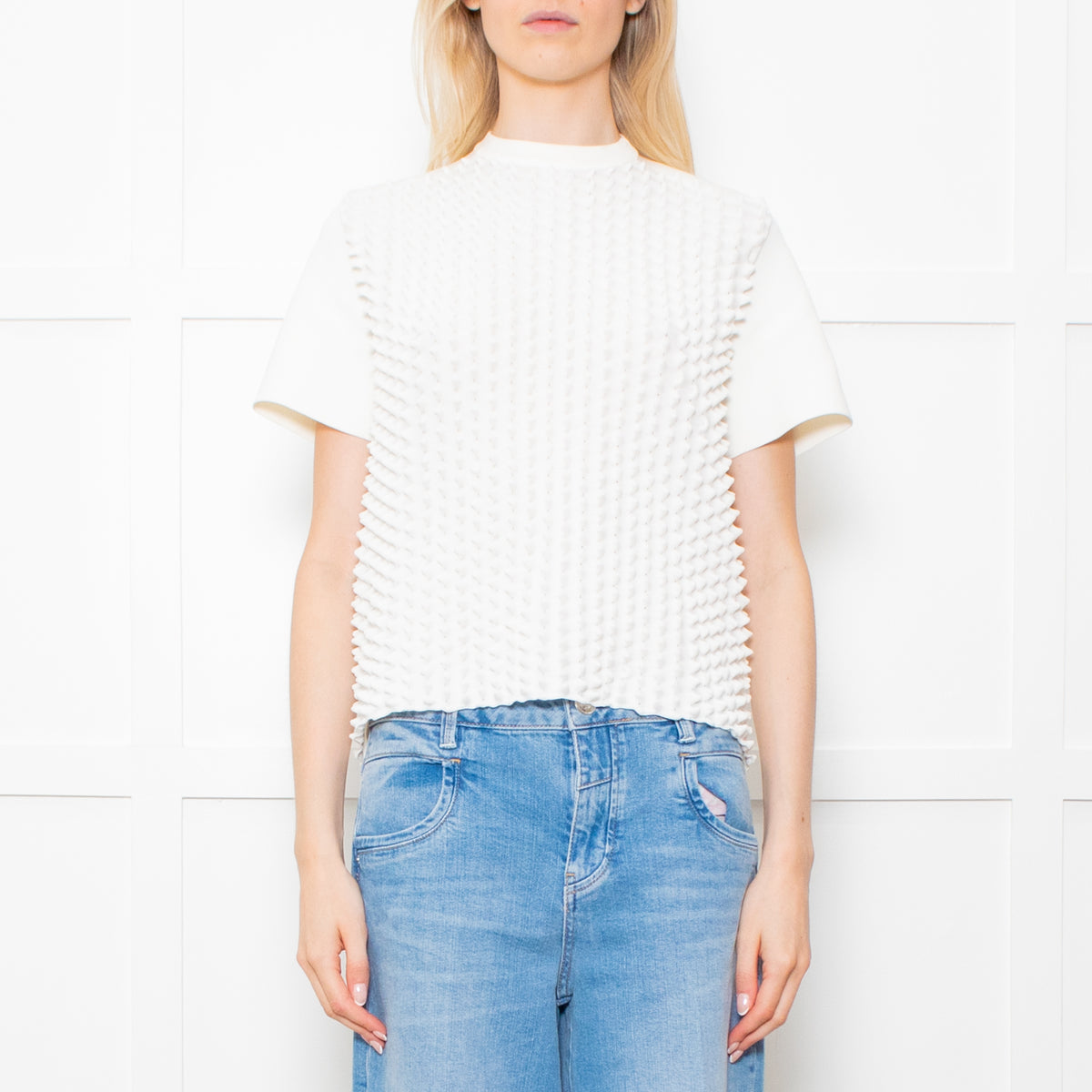 Paco Rabanne White On White Pointy Fabric Short Sleeve Knitted Top