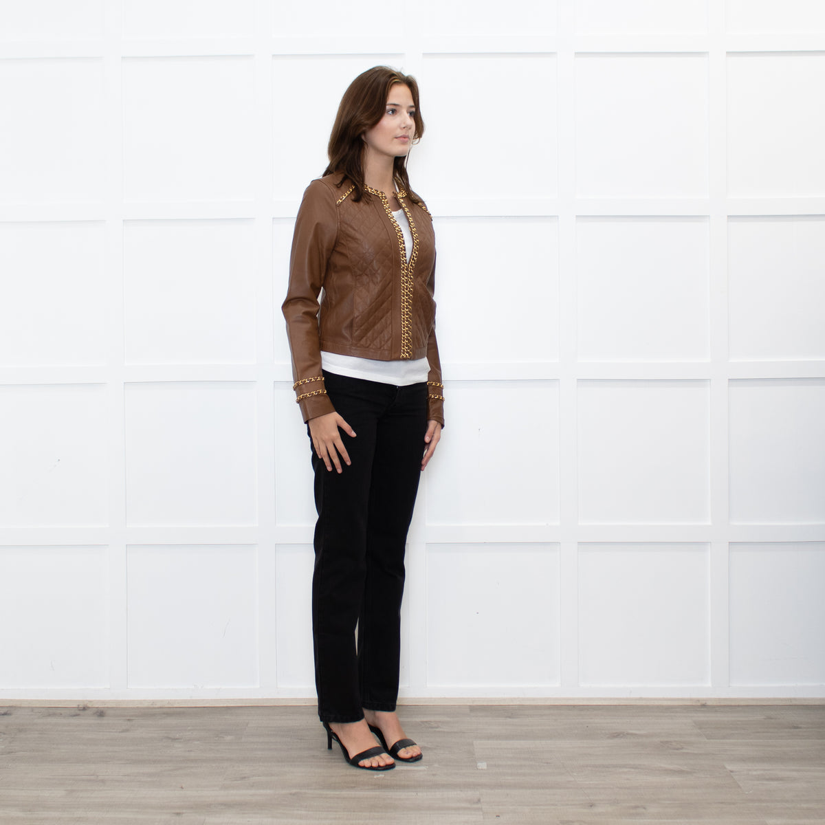 Michael By Michael Kors Tan Gold Chain Trim Leather Jacket