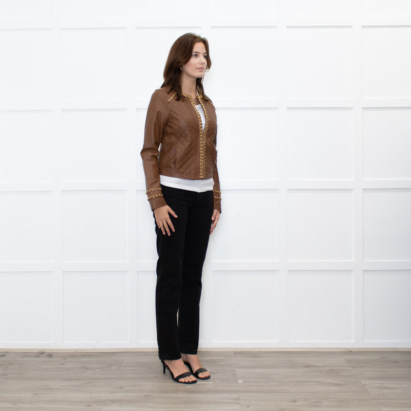 Michael By Michael Kors Tan Gold Chain Trim Leather Jacket