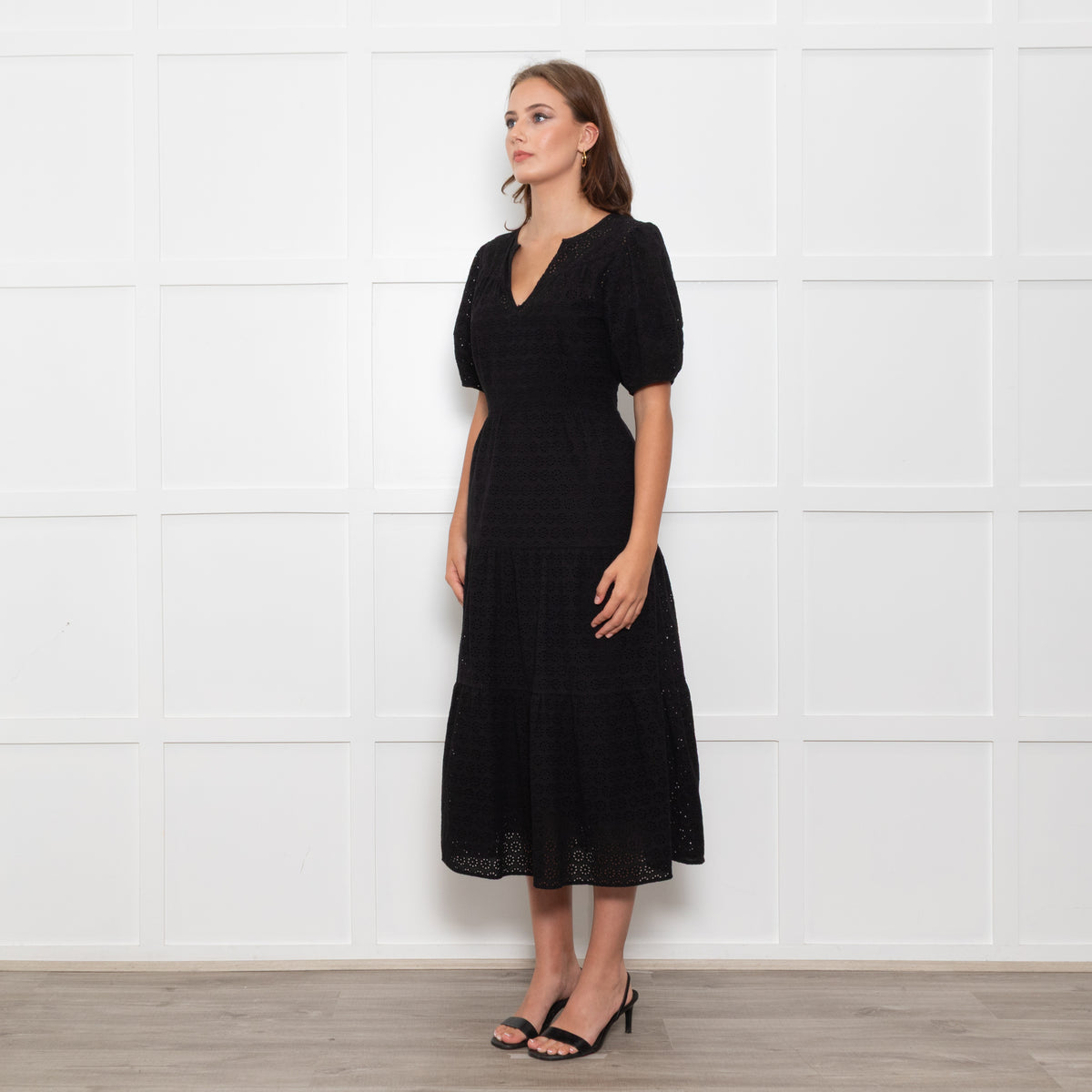 Wyse Black Cotton Embroidered Tiered Midi Dress With Slip