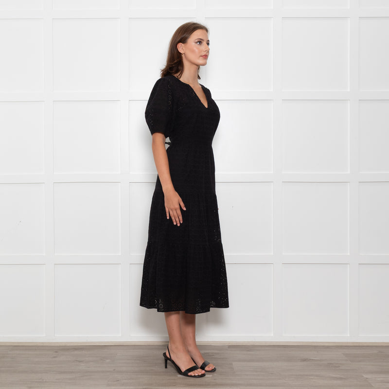 Wyse Black Cotton Embroidered Tiered Midi Dress With Slip