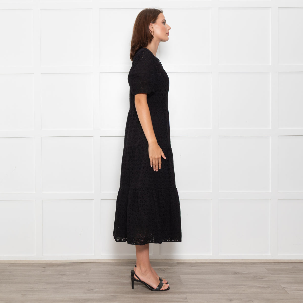 Wyse Black Cotton Embroidered Tiered Midi Dress With Slip