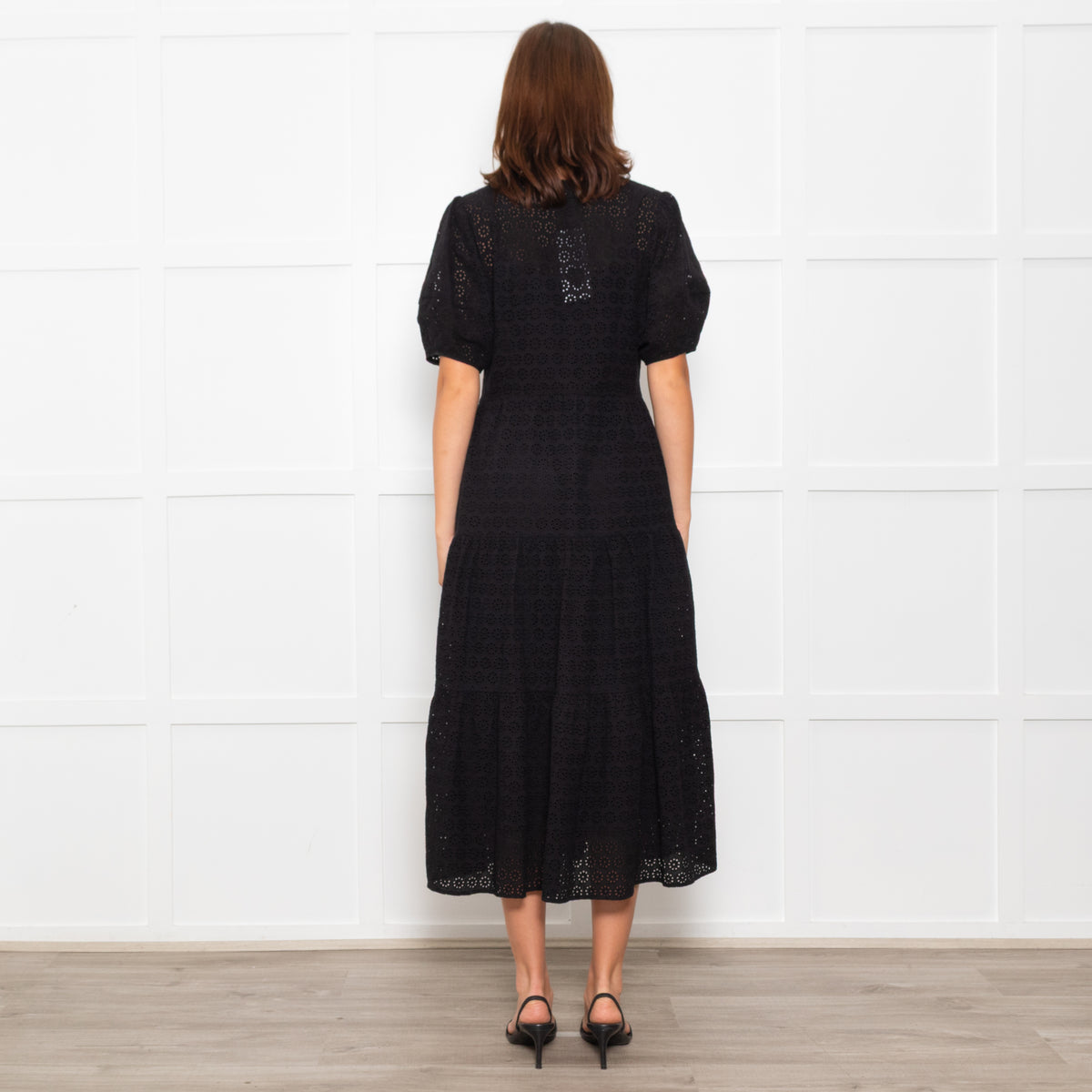 Wyse Black Cotton Embroidered Tiered Midi Dress With Slip