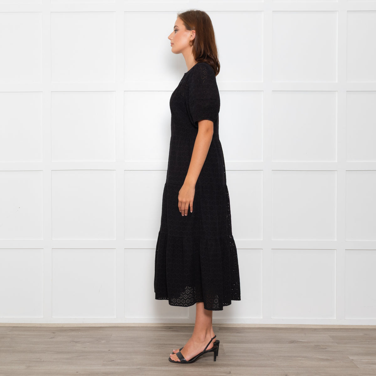 Wyse Black Cotton Embroidered Tiered Midi Dress With Slip