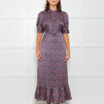 Wyse Blue Pink Floral Satin Frill Trim Dresses