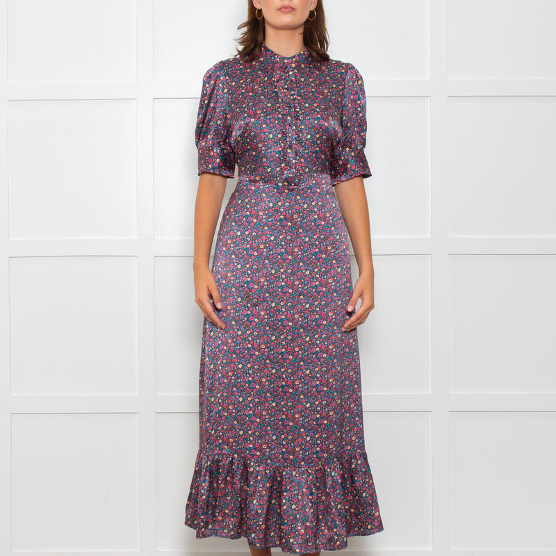 Wyse Blue Pink Floral Satin Frill Trim Dresses