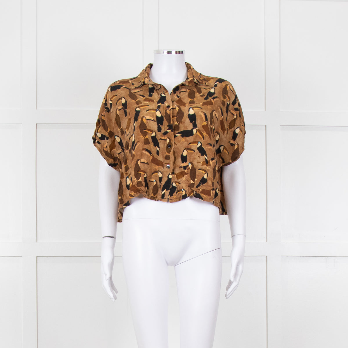 Farm Rio Tan Brown Toucan Print Cropped Shirt