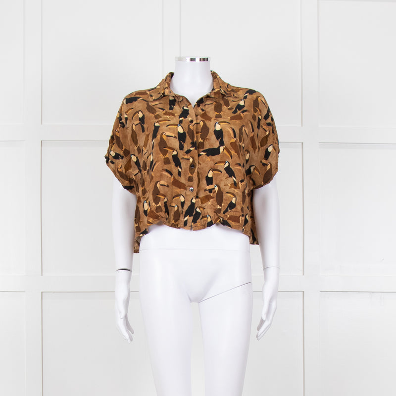 Farm Rio Tan Brown Toucan Print Cropped Shirt