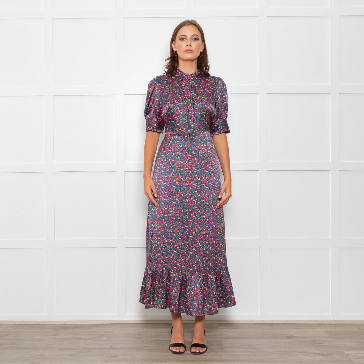 Wyse Blue Pink Floral Satin Frill Trim Dresses