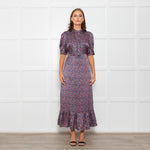 Wyse Blue Pink Floral Satin Frill Trim Dresses