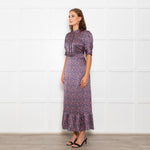 Wyse Blue Pink Floral Satin Frill Trim Dresses