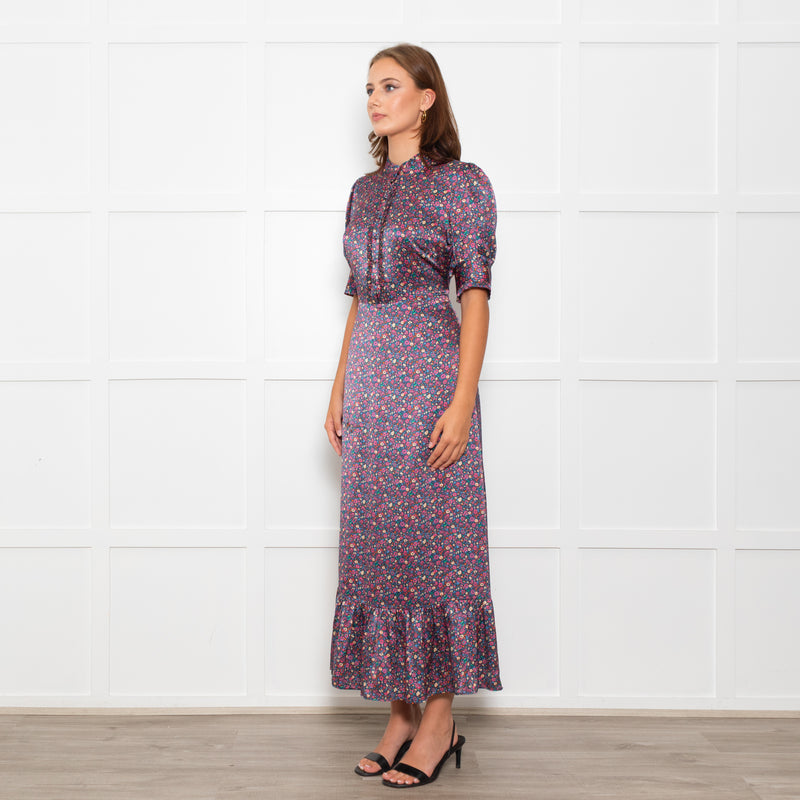 Wyse Blue Pink Floral Satin Frill Trim Dresses