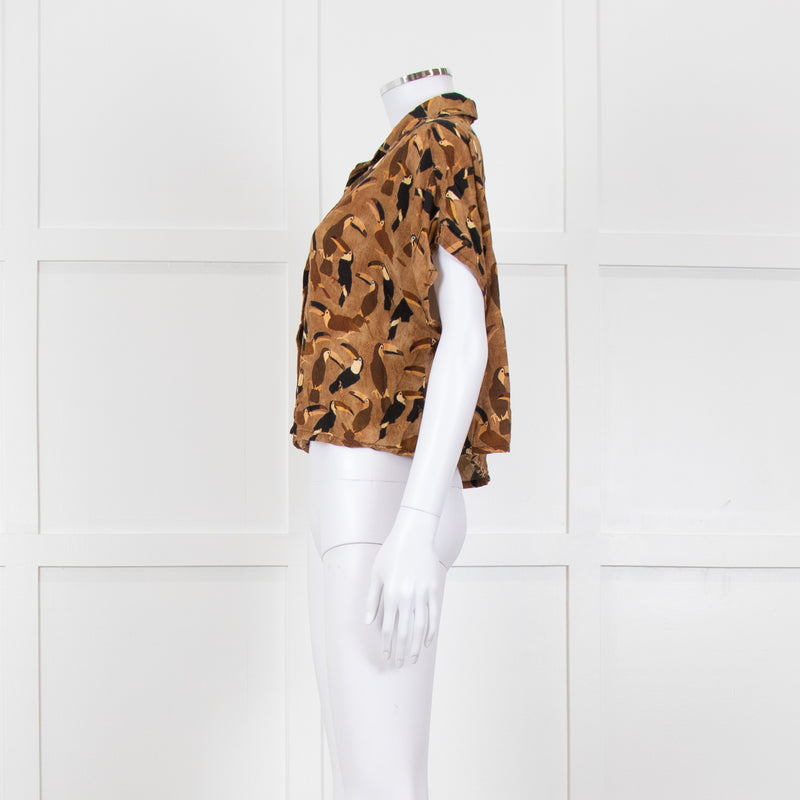Farm Rio Tan Brown Toucan Print Cropped Shirt