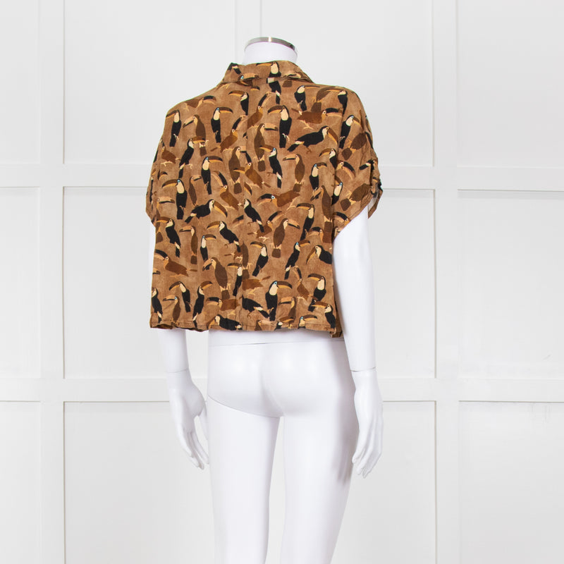 Farm Rio Tan Brown Toucan Print Cropped Shirt