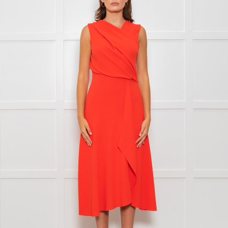Iris & Ink Hot Orange Asymmetric Wrap Bodice Sleeveless Dress
