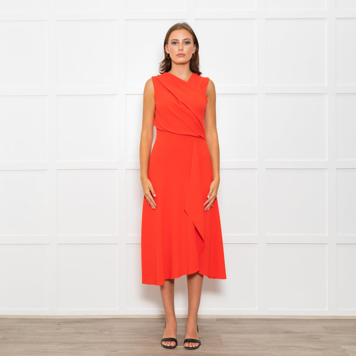Iris & Ink Hot Orange Asymmetric Wrap Bodice Sleeveless Dress
