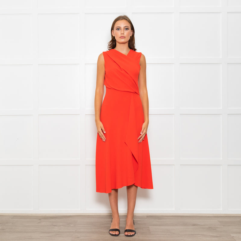 Iris & Ink Hot Orange Asymmetric Wrap Bodice Sleeveless Dress