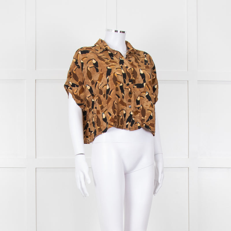Farm Rio Tan Brown Toucan Print Cropped Shirt