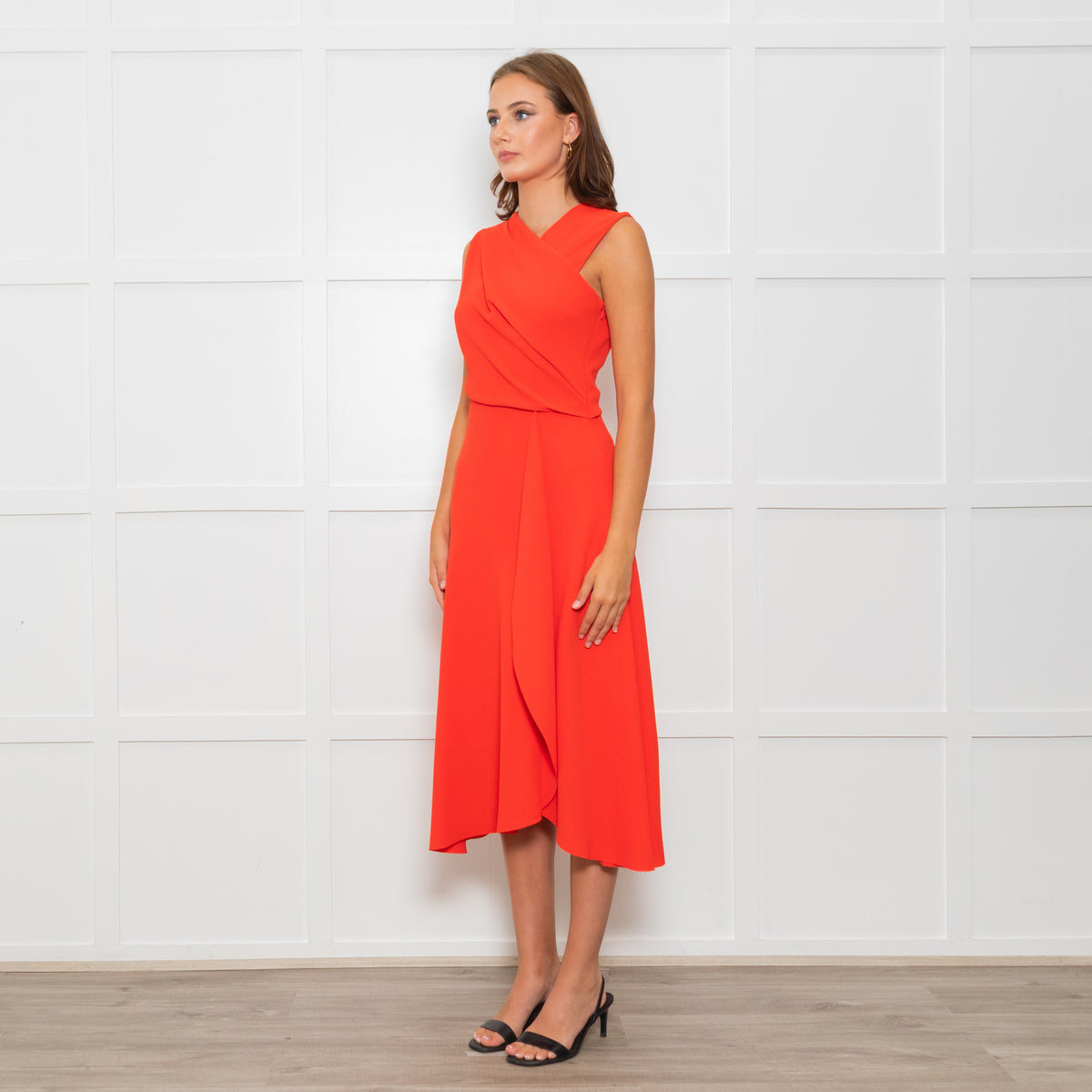 Iris & Ink Hot Orange Asymmetric Wrap Bodice Sleeveless Dress