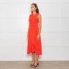 Iris & Ink Hot Orange Asymmetric Wrap Bodice Sleeveless Dress