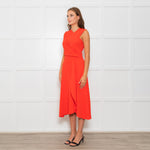 Iris & Ink Hot Orange Asymmetric Wrap Bodice Sleeveless Dress