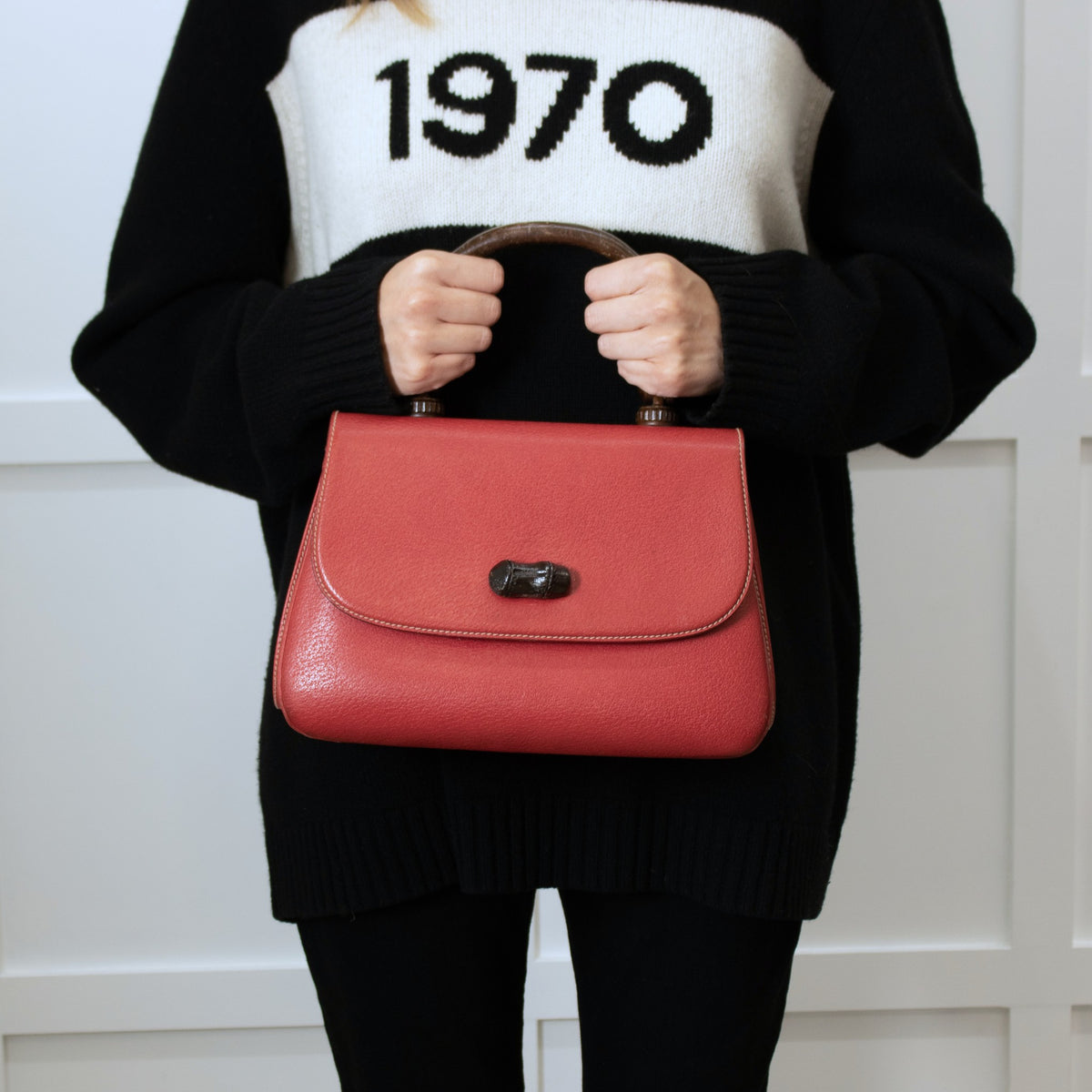 Gucci Red Bamboo Handle Vintage Handbag