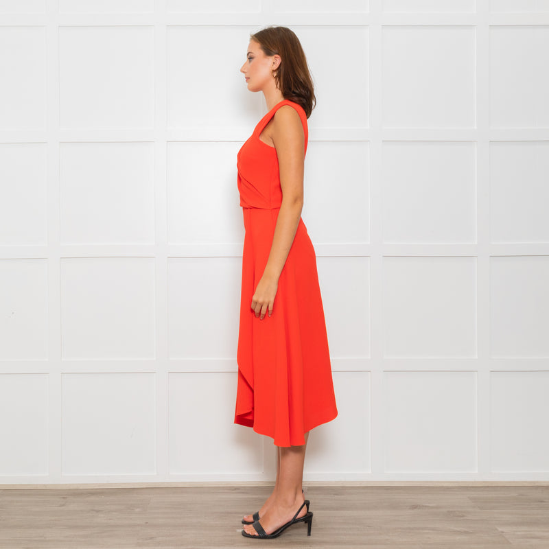 Iris & Ink Hot Orange Asymmetric Wrap Bodice Sleeveless Dress