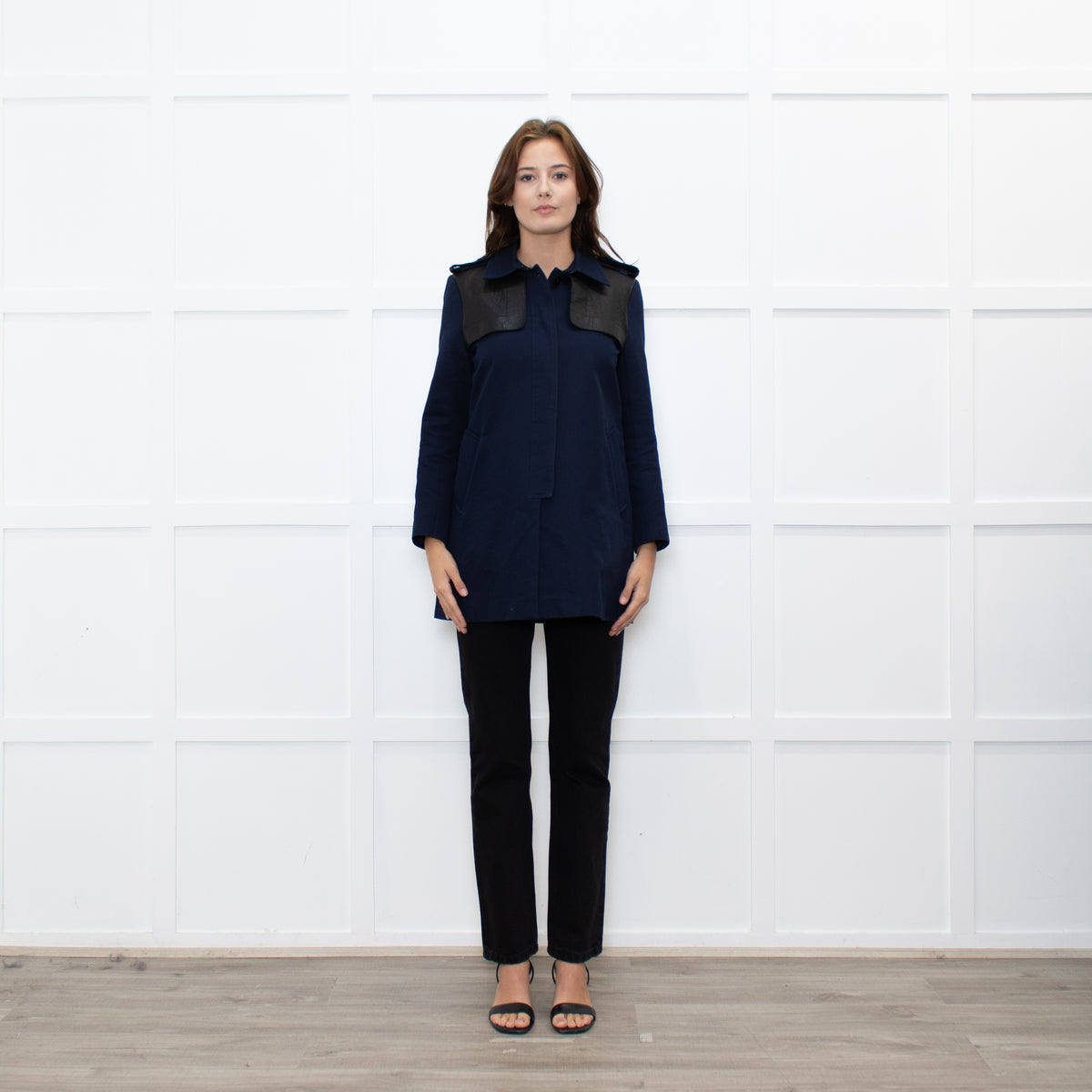 Sandro Navy Black Leather Detail Short Trench Coat