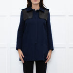 Sandro Navy Black Leather Detail Short Trench Coat